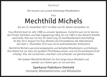 Traueranzeige von Mechthild Michels von Neue Westfälische