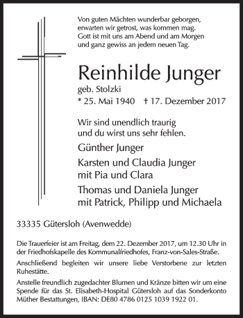 Traueranzeige von Reinhilde Junger von Neue Westfälische