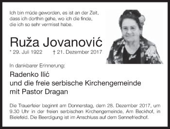 Traueranzeige von Ruža Jovanovic von Neue Westfälische