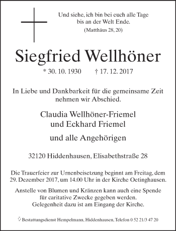 Traueranzeige von Siegfried Wellhöner von Neue Westfälische