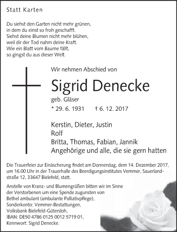 Traueranzeige von Sigrid Denecke von Neue Westfälische