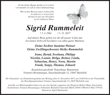 Traueranzeige von Sigrid Rummeleit von Neue Westfälische
