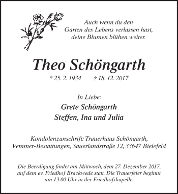 Traueranzeige von Theo Schöngarth von Neue Westfälische