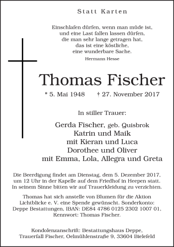 Traueranzeige von Thomas Fischer von Neue Westfälische