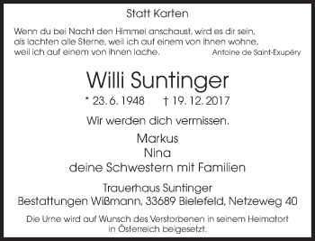 Traueranzeige von Willi Suntinger von Neue Westfälische