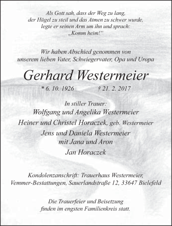 Traueranzeige von Gerhard Westermeier von Neue Westfälische