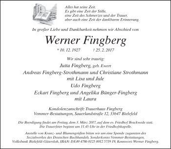 Traueranzeige von Werner Fingberg von Neue Westfälische