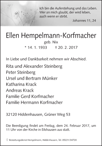 Traueranzeige von Ellen Hempelmann-Korfmacher von Neue Westfälische