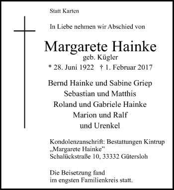 Traueranzeige von Margarete Hainke von Neue Westfälische