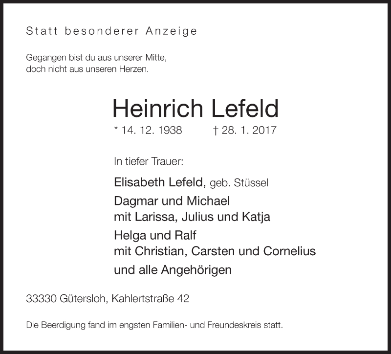  Traueranzeige für Heinrich Lefeld vom 11.02.2017 aus Neue Westfälische