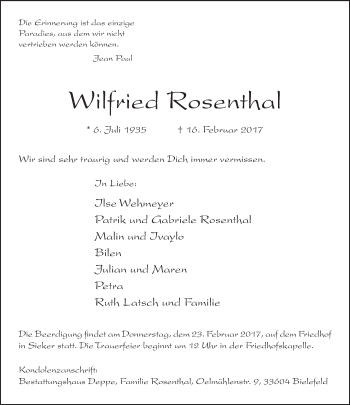 Traueranzeige von Wilfried Rosenthal von Neue Westfälische