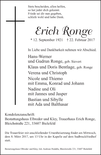 Traueranzeige von Erich Ronge von Neue Westfälische