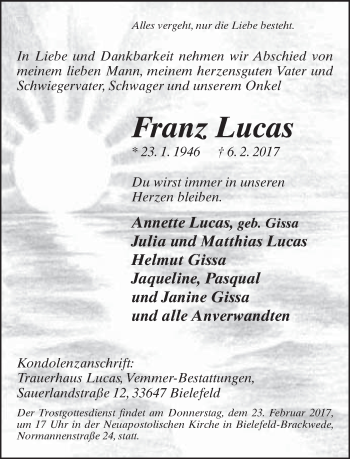 Traueranzeige von Franz Lucas von Neue Westfälische