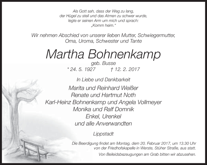  Traueranzeige für Martha Bohnenkamp vom 15.02.2017 aus Neue Westfälische