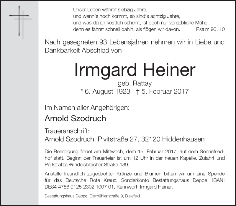  Traueranzeige für Irmgard Heiner vom 11.02.2017 aus Neue Westfälische