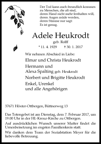 Traueranzeige von Adele Heukrodt von Neue Westfälische
