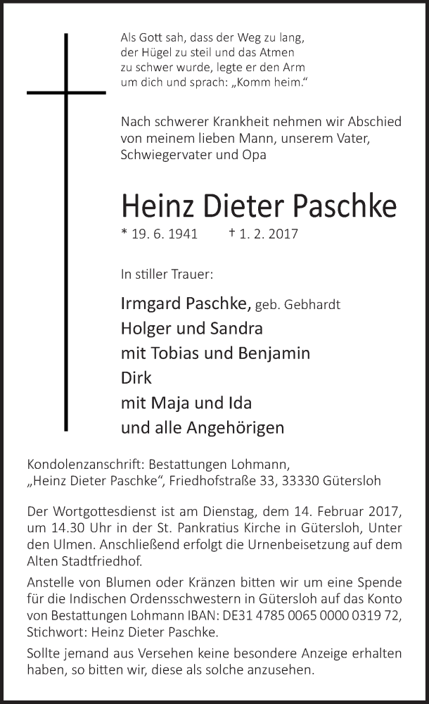  Traueranzeige für Heinz Dieter Paschke vom 04.02.2017 aus Neue Westfälische