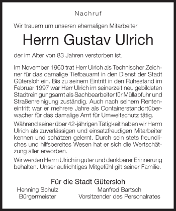 Traueranzeige von Gustav Ulrich von Neue Westfälische
