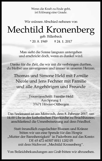 Traueranzeige von Mechtild Kronenberg von Neue Westfälische