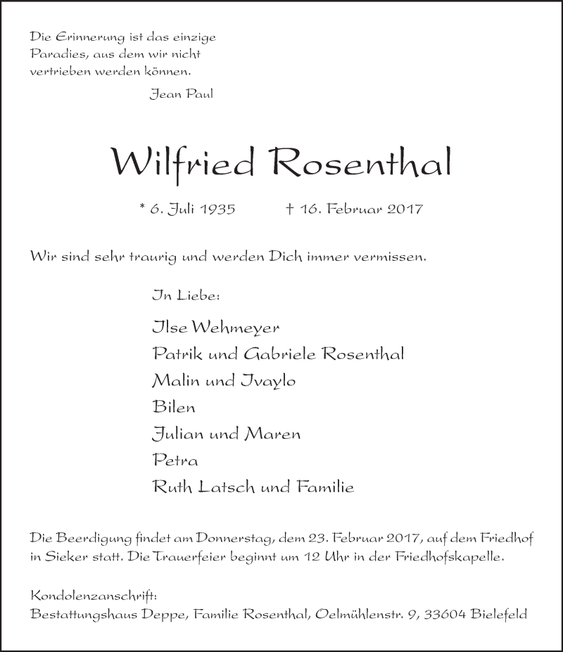  Traueranzeige für Wilfried Rosenthal vom 18.02.2017 aus Neue Westfälische