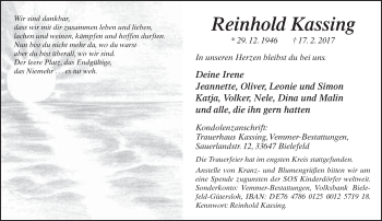 Traueranzeige von Reinhold Kassing von Neue Westfälische