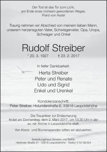 Traueranzeige von Rudolf Streiber