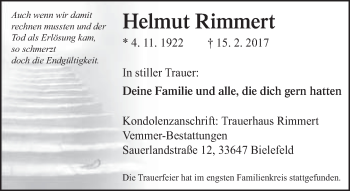 Traueranzeige von Helmut Rimmert von Neue Westfälische