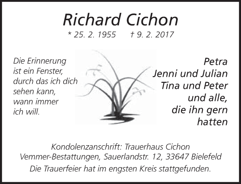  Traueranzeige für Richard Cichon vom 18.02.2017 aus Neue Westfälische