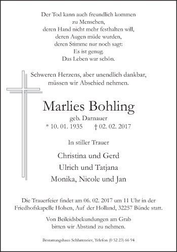 Traueranzeige von Marlies Bohling von Neue Westfälische
