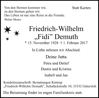 Traueranzeige von Friedrich-Wilhelm Demuth von Neue Westfälische