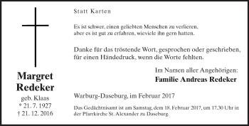 Traueranzeige von Margret Redeker von Neue Westfälische