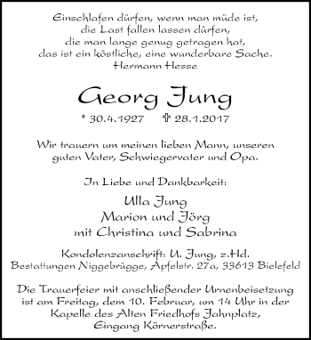 Traueranzeige von Georg Jung von Neue Westfälische