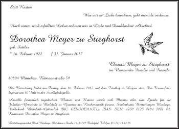 Traueranzeige von Dorothea Meyer zu Stieghorst von Neue Westfälische