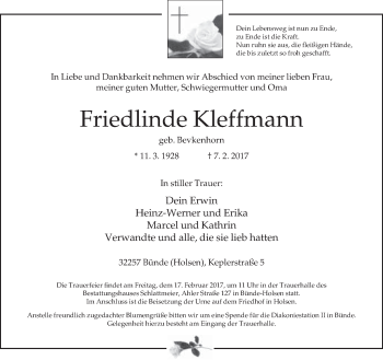 Traueranzeige von Friedlinde Kleffmann von Neue Westfälische