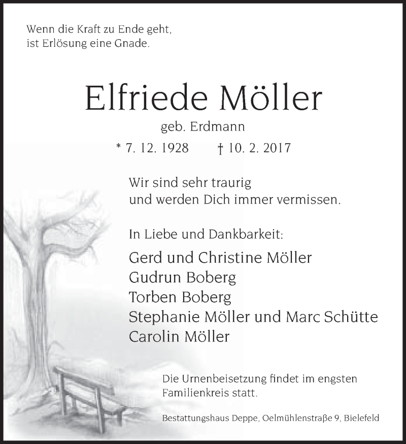  Traueranzeige für Elfriede Möller vom 18.02.2017 aus Neue Westfälische