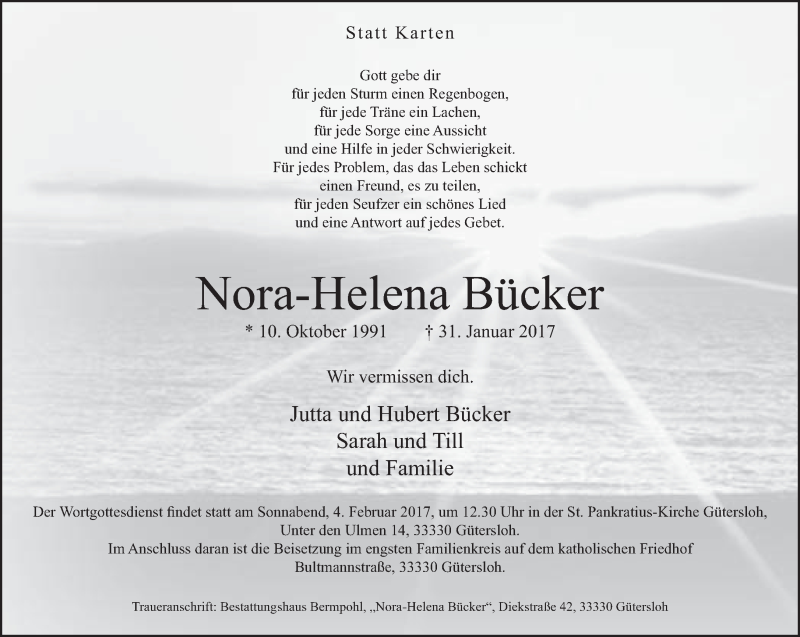  Traueranzeige für Nora-Helena Bücker vom 03.02.2017 aus Neue Westfälische