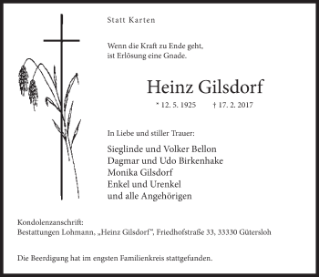 Traueranzeige von Heinz Gilsdorf von Neue Westfälische