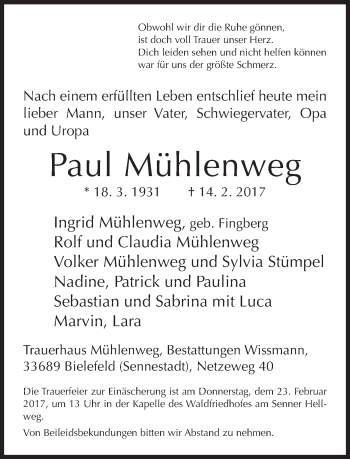 Traueranzeige von Paul Mühlenweg von Neue Westfälische