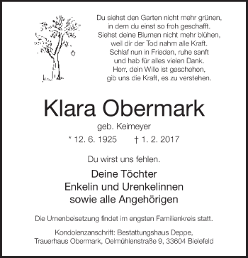 Traueranzeige von Klara Obermark von Neue Westfälische