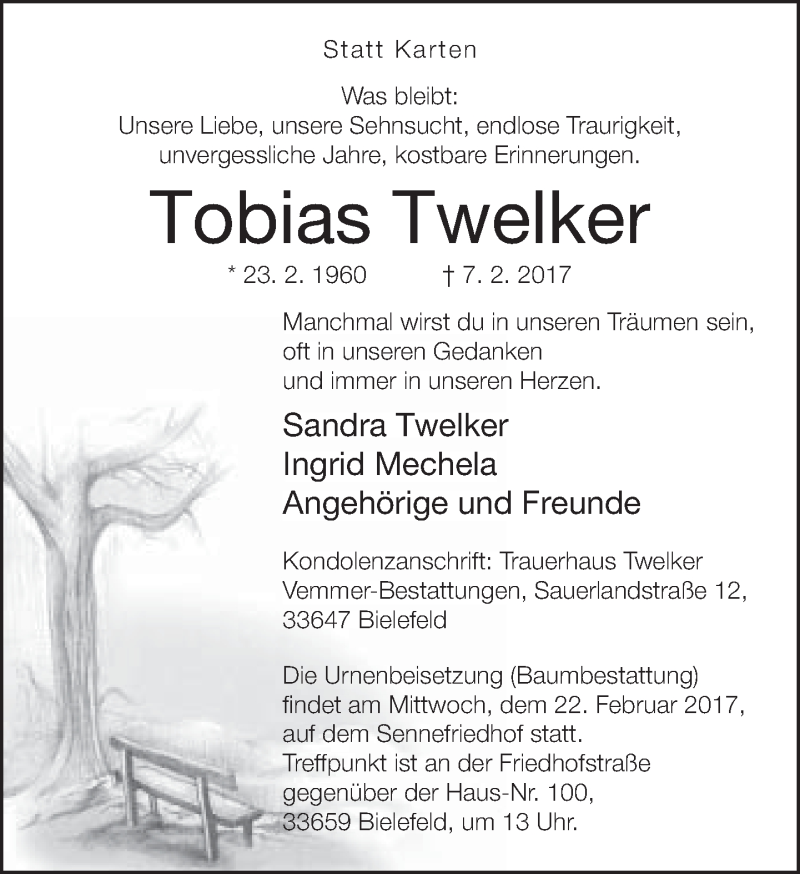  Traueranzeige für Tobias Twelker vom 11.02.2017 aus Neue Westfälische