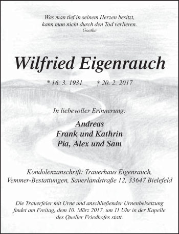 Traueranzeige von Wilfried Eigenrauch von Neue Westfälische