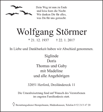 Traueranzeige von Wolfgang Störmer von Neue Westfälische