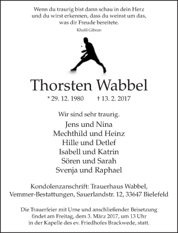 Traueranzeige von Thorsten Wabbel von Neue Westfälische