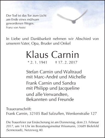 Traueranzeige von Klaus Carnin von Neue Westfälische