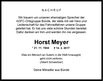 Traueranzeige von Horst Meyer von Neue Westfälische