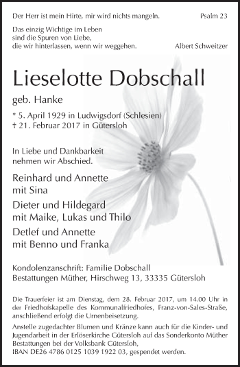 Traueranzeige von Lieselotte Dobschall von Neue Westfälische