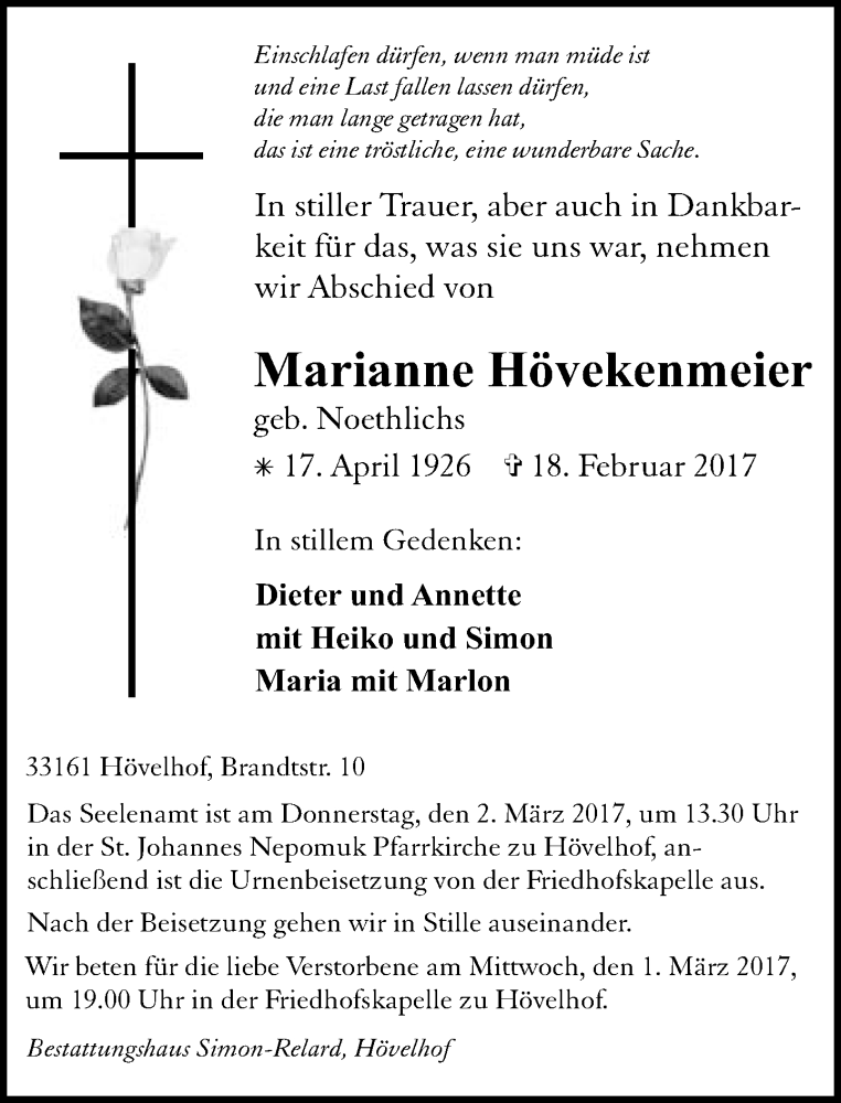  Traueranzeige für Marianne Hövekenmeier vom 22.02.2017 aus Neue Westfälische