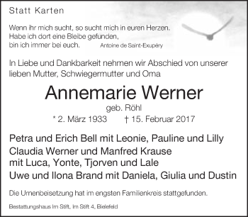 Traueranzeige von Annemarie Werner von Neue Westfälische