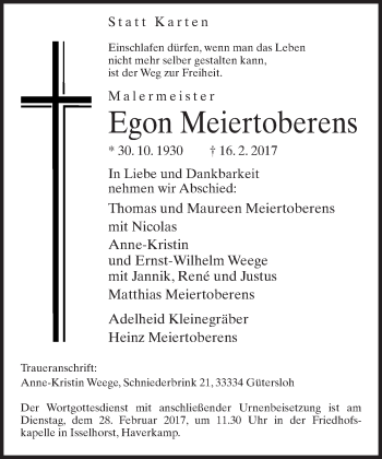 Traueranzeige von Egon Meiertoberens von Neue Westfälische