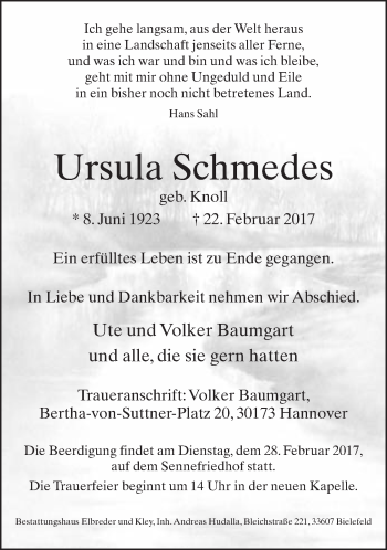 Traueranzeige von Ursula Schmedes von Neue Westfälische